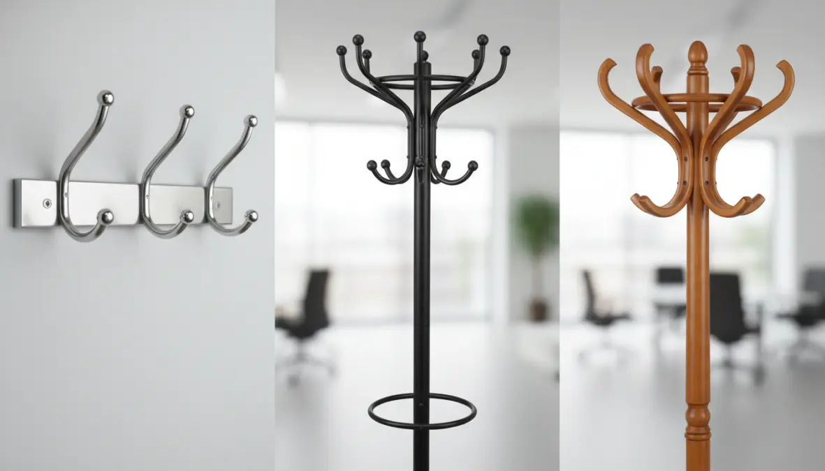 Diverse tipologie di appendiabiti da ufficio a confronto: parete, terra e design