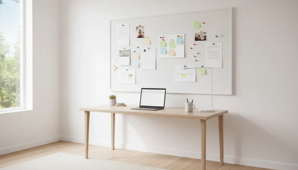 Bacheca sughero ufficio organizzata con appunti e puntine colorate in ambiente lavorativo moderno