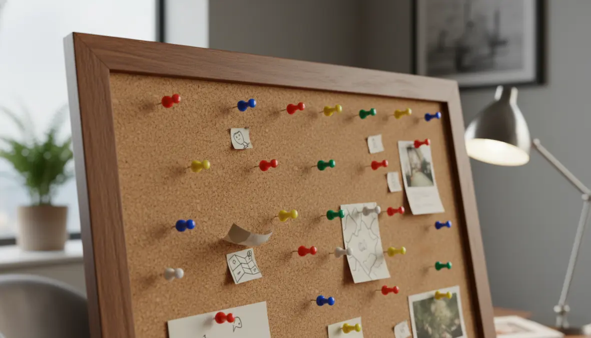 Pannello sughero ufficio con cornice e puntine colorate per organizzazione spazio lavoro