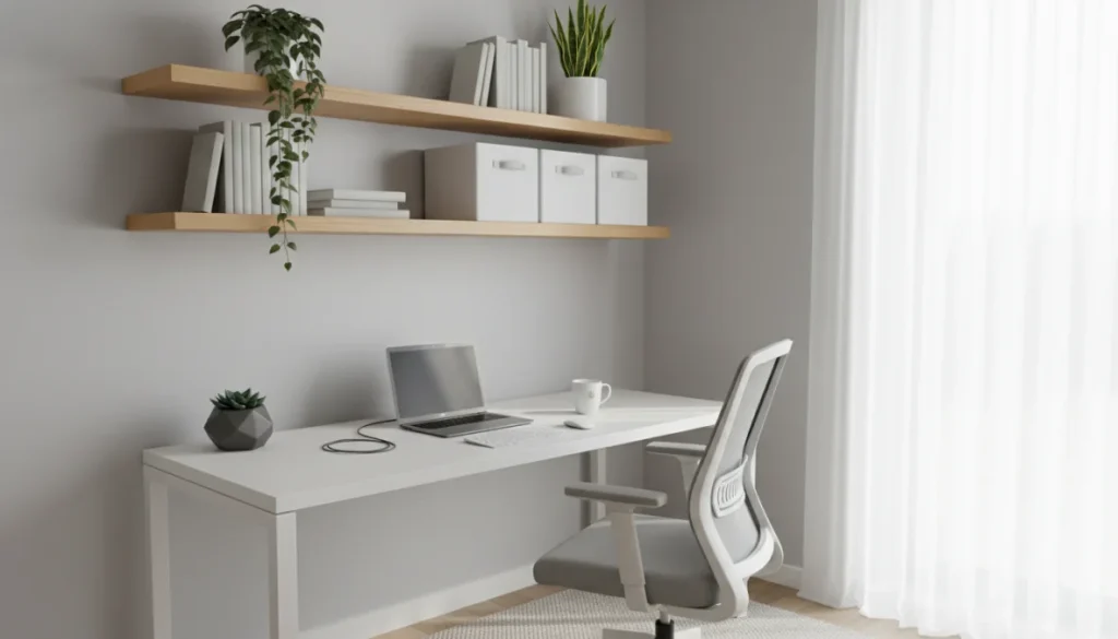 Esempio di ufficio piccolo organizzato con scrivania compatta, mensole a muro e soluzioni salvaspazio