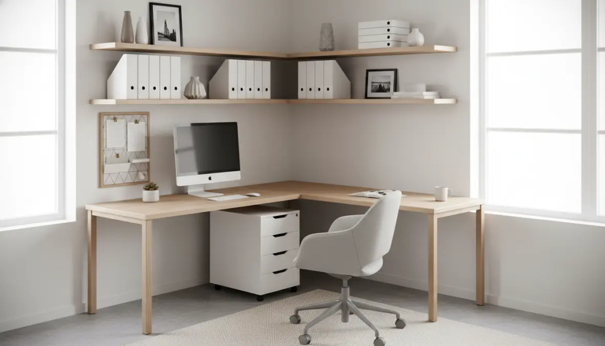 Layout angolare per organizzare ufficio piccolo con scrivania ad angolo e contenitori verticali