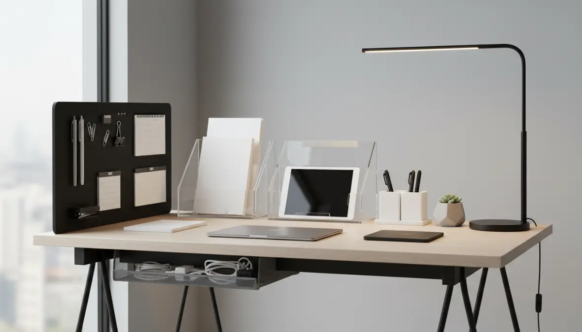 Accessori salvaspazio per scrivania piccola con organizer da tavolo e illuminazione LED