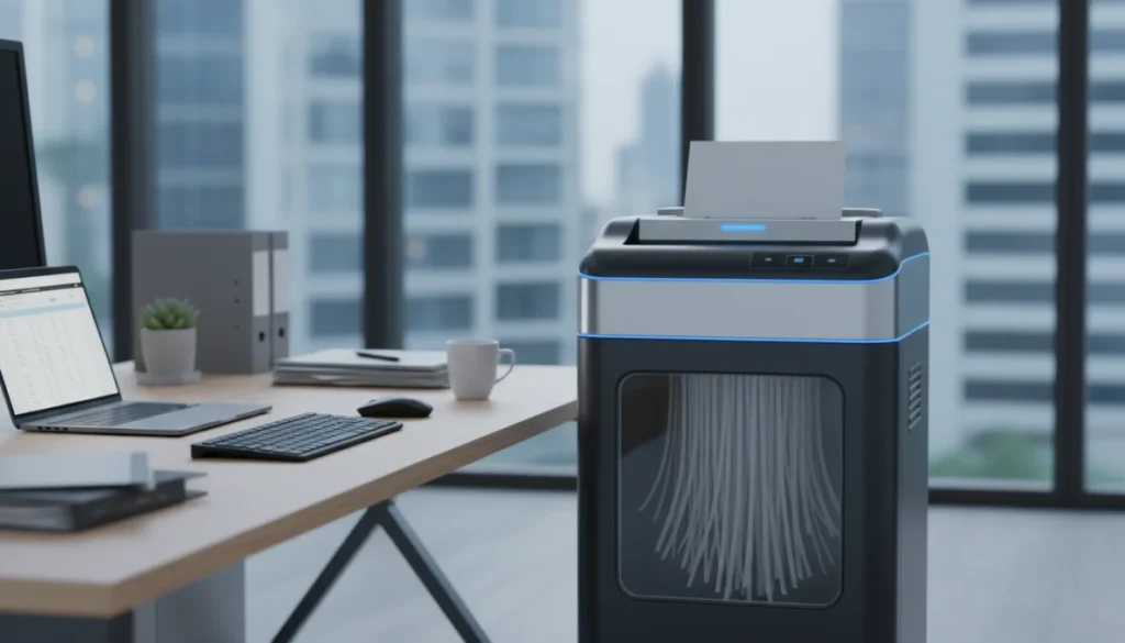 Distruggidocumenti professionale per ufficio con documenti in fase di triturazione