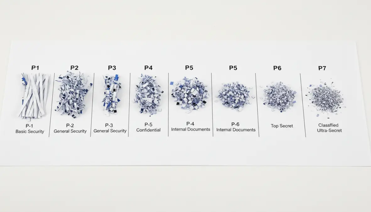 Confronto visivo livelli di sicurezza DIN per distruggidocumenti da P1 a P7 con esempi di tritatura