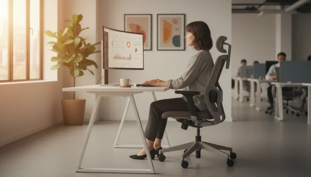 Postazione ufficio ergonomica con sedia regolabile e corretta postura seduta per prevenire mal di schiena