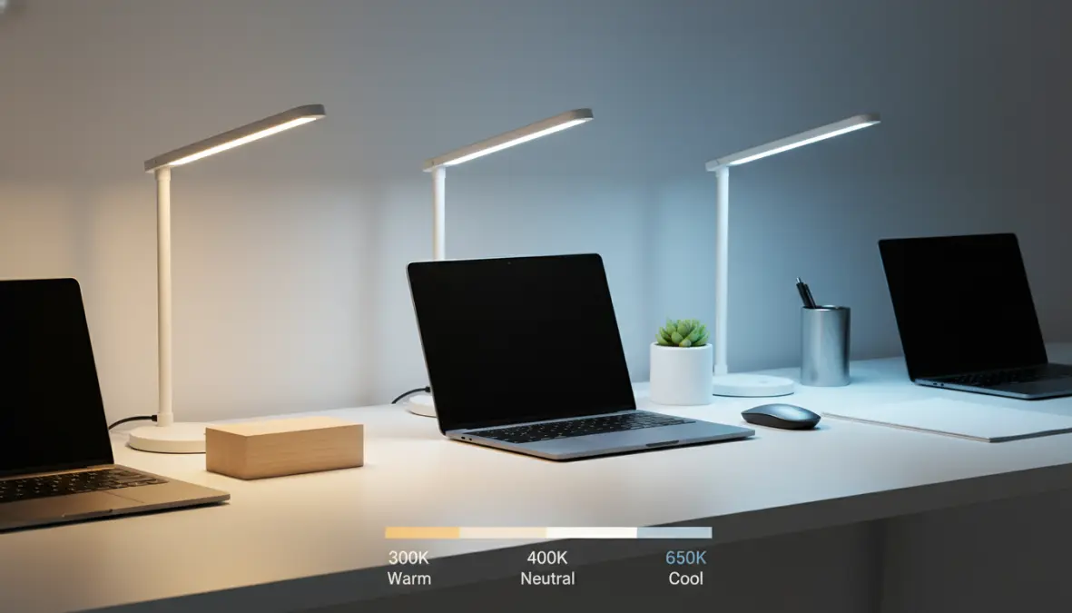 Confronto tra lampade LED con temperatura colore calda, neutra e fredda per ufficio