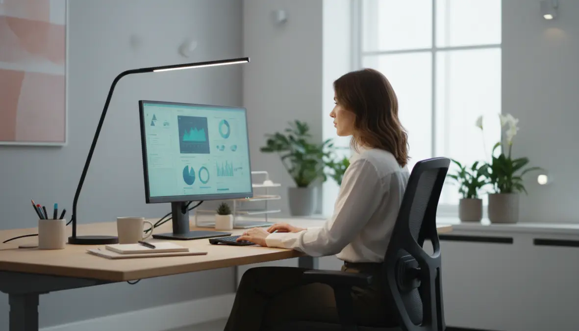 Postazione ufficio con illuminazione LED neutra ottimale per produttività e riduzione affaticamento visivo