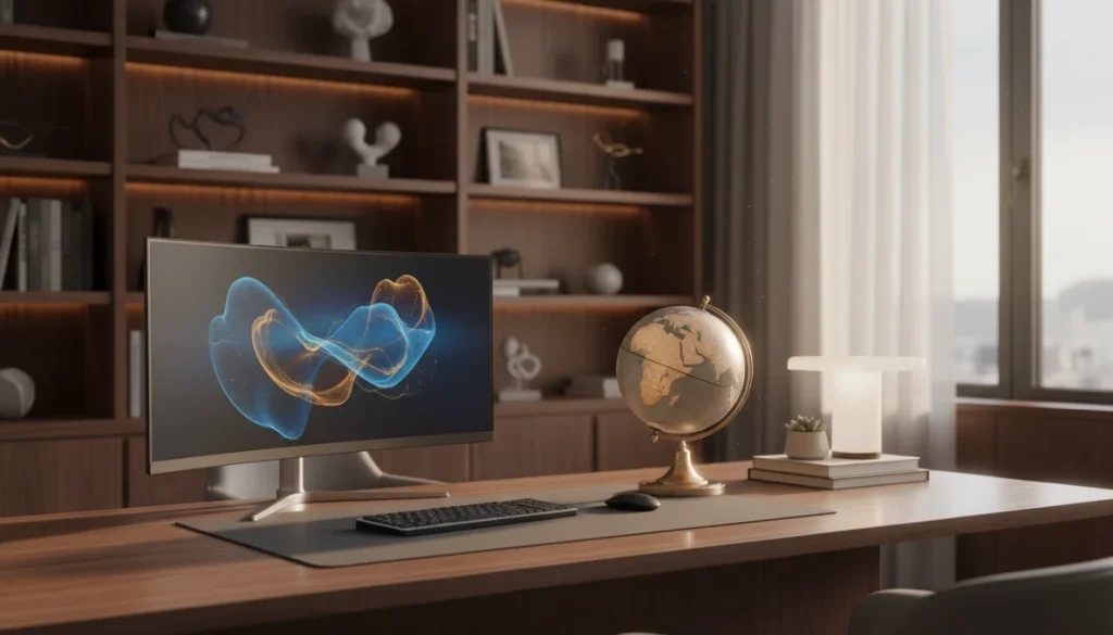 Mappamondo da ufficio elegante su scrivania professionale in ambiente di lavoro moderno