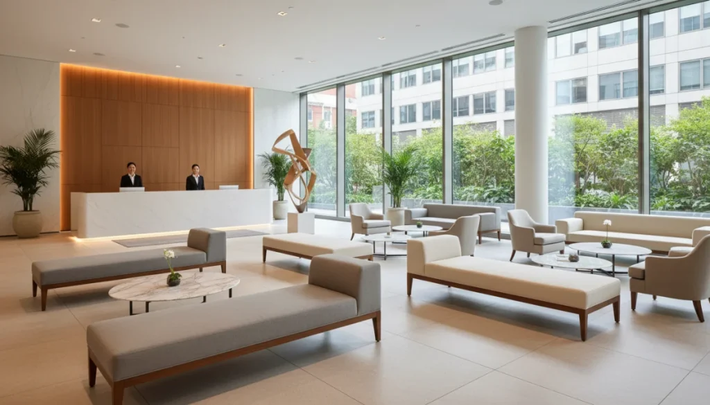 Panche sala d'attesa moderne e confortevoli in reception professionale