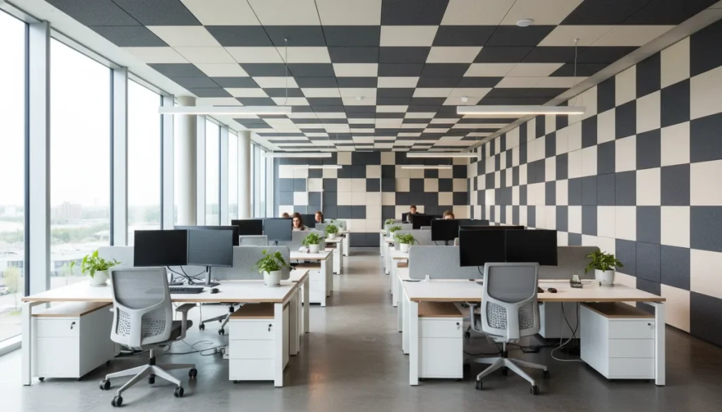 Ufficio moderno con pannelli fonoassorbenti installati su pareti e soffitto per riduzione rumore