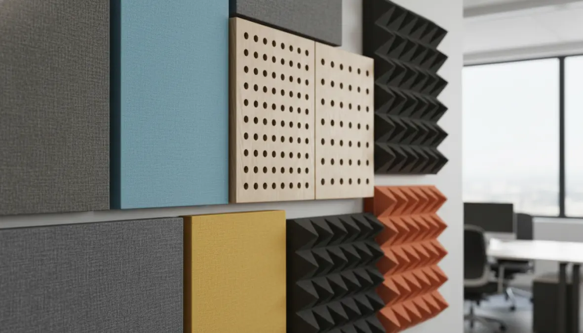 Dettaglio pannelli acustici per ufficio in diversi materiali fonoassorbenti