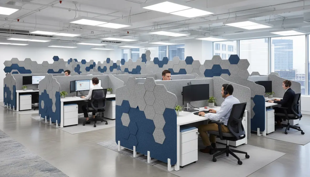 Pannelli divisori fonoassorbenti modulari tra postazioni di lavoro in open space