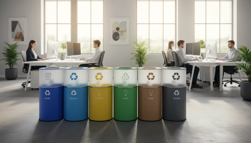 Ufficio moderno con cestini colorati per raccolta differenziata organizzata