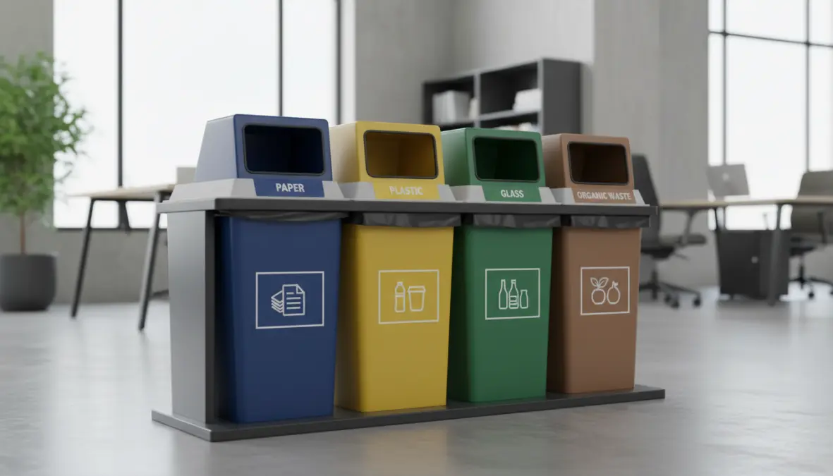 Cestini raccolta differenziata ufficio con codice colore e etichette chiare