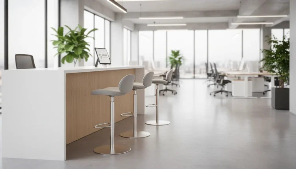 Sgabelli ergonomici per ufficio moderni posizionati presso bancone reception con scrivania alta