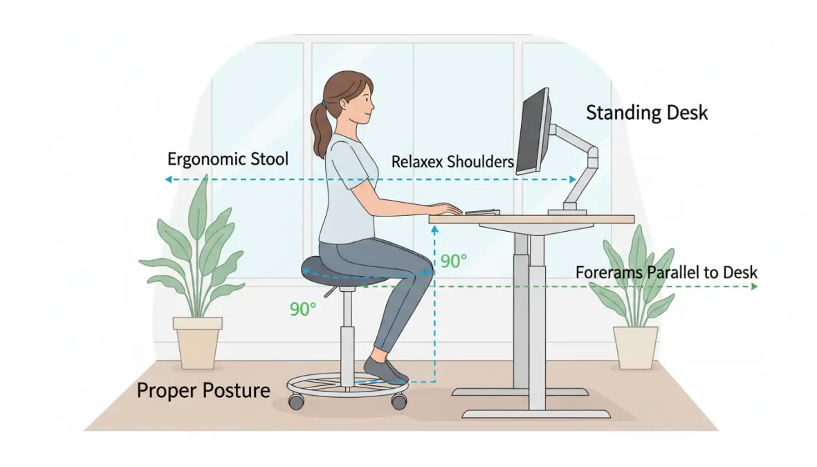 Dimostrazione postura corretta su sgabello ergonomico da ufficio con altezza seduta regolata correttamente