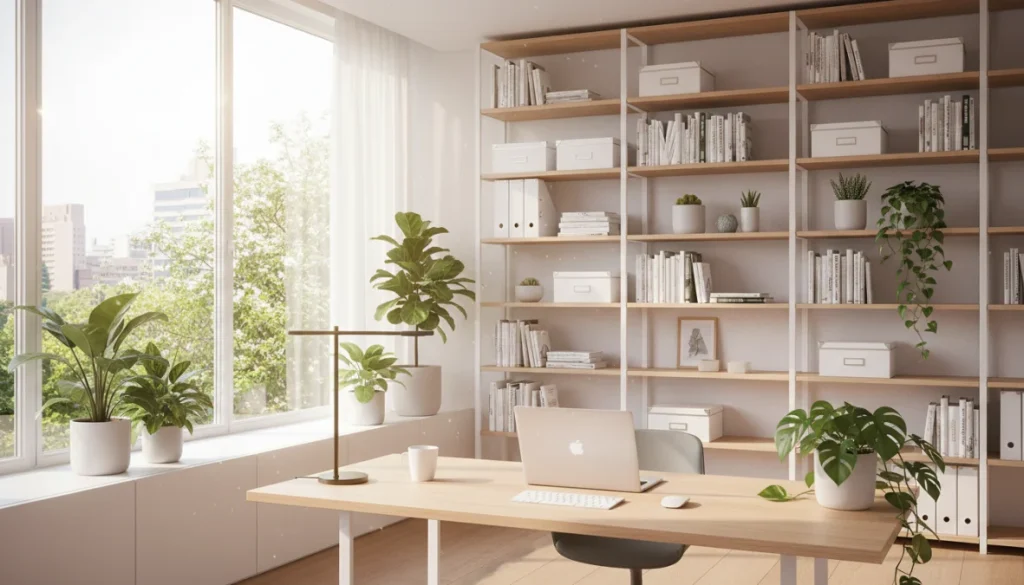 Ufficio moderno organizzato in primavera con scrivania ordinata e luce naturale