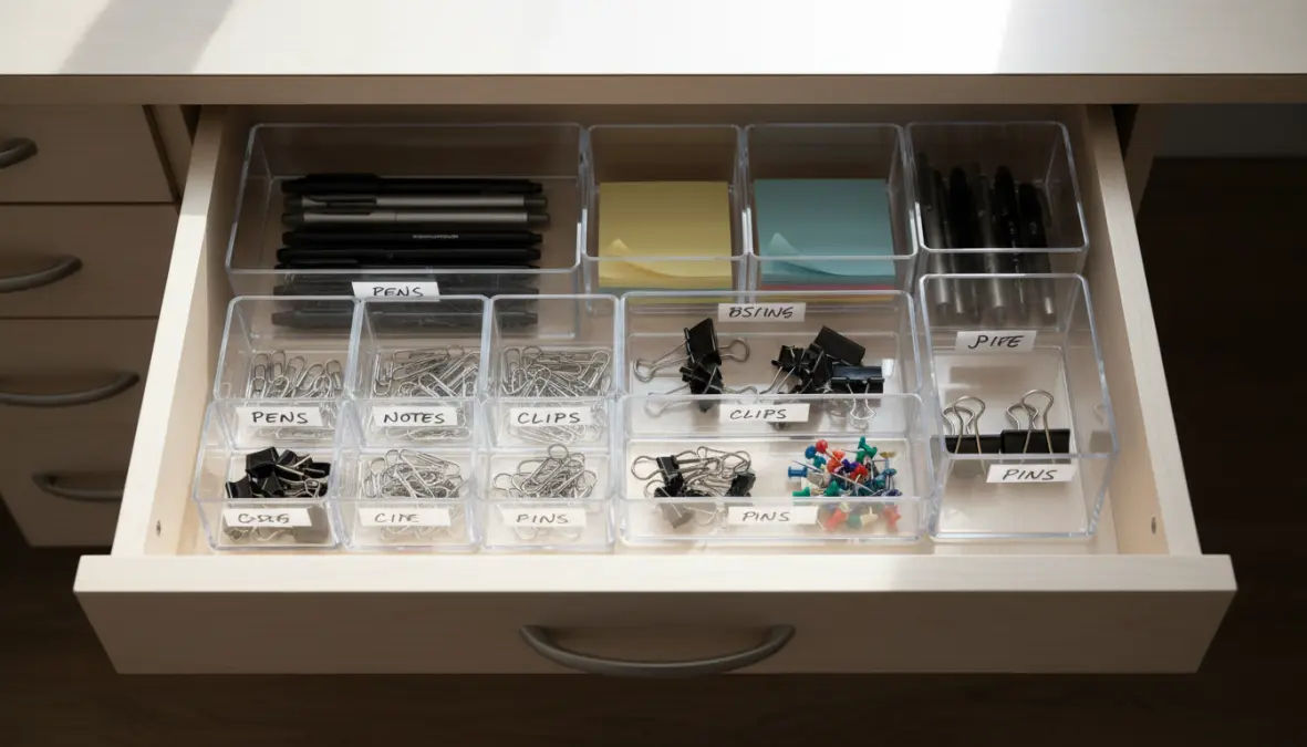 Cassetto ufficio organizzato con contenitori modulari per decluttering postazione lavoro