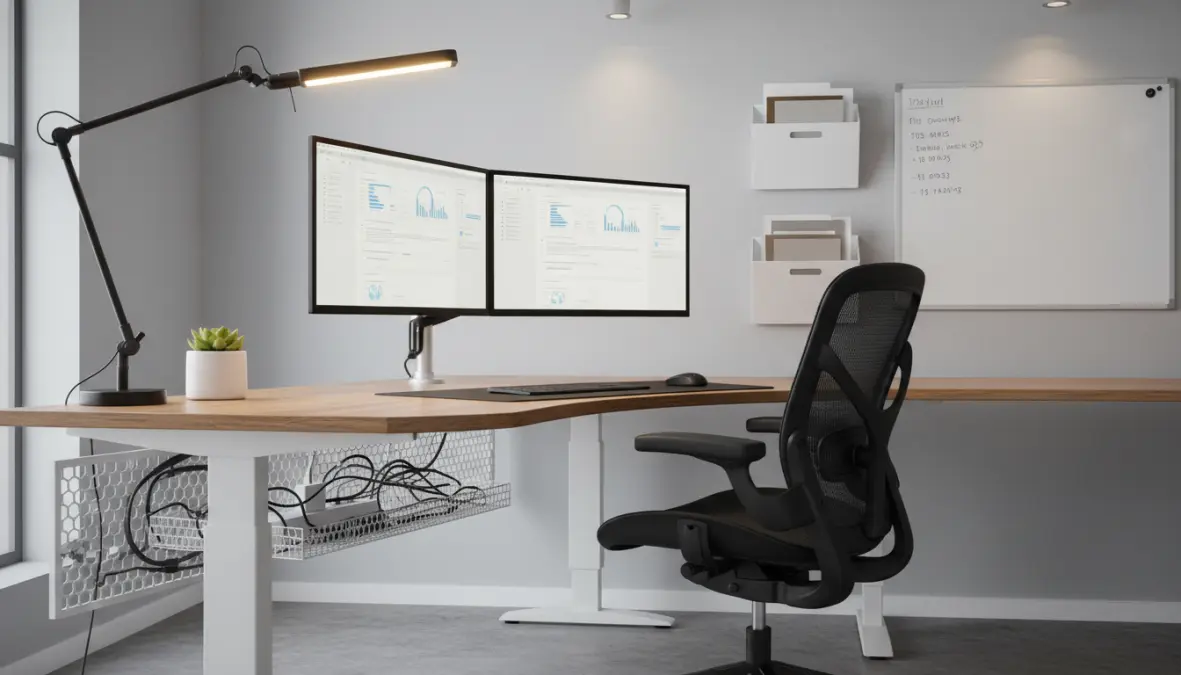 Postazione ufficio ergonomica ottimizzata con illuminazione LED e organizer verticali
