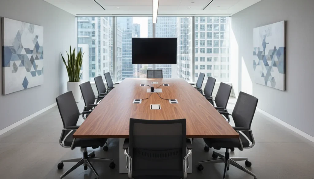 Sala riunioni moderna con tavolo conferenze professionale e sedie ergonomiche