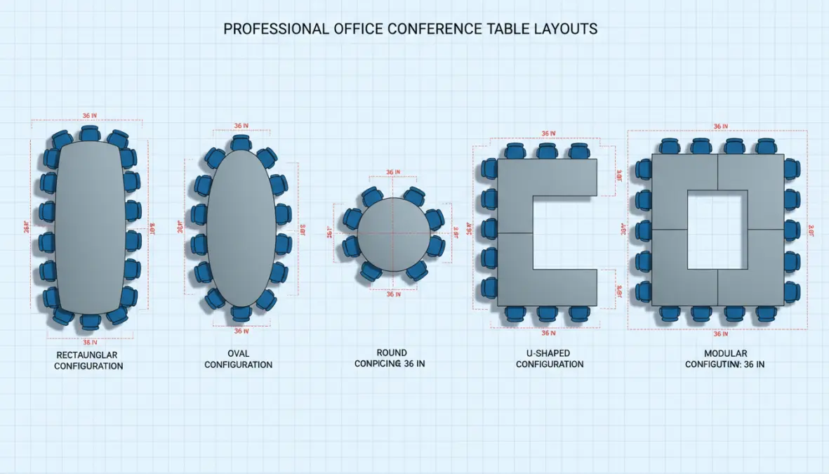 Diverse forme e configurazioni di tavoli sala riunioni con dimensioni e disposizioni